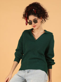 NOBARR - Women Acrylic Forest Green Full Sleeve Collared V-Neck Sweater