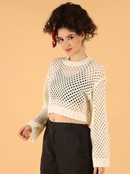 NOBARR - Women Acrylic Full Sleeve Off White Open Knit Cropped Sweater