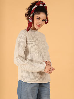 NOBARR - Women Acrylic Light Beige Chunky Knit High Neck Sweater