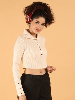 NOBARR - Women Acrylic Full Sleeve Cream Ribbed Buttoned Crop Sweater