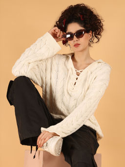 NOBARR - Women Cotton Full Sleeve Off White Cable Knit Lace Up Sweater