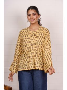 NAVYAS FASHION - Yellow Ethnic Printed Pleated Cotton Top