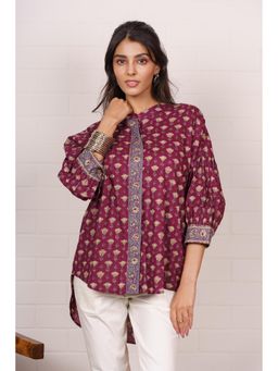 NAVYAS FASHION - Magenta Floral Printed High-Low Cotton Top