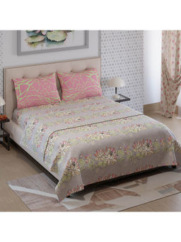 Layers - Ivy Collection 125 GSM Grey and Pink Floral Double Flat Bedsheet Set (Queen)