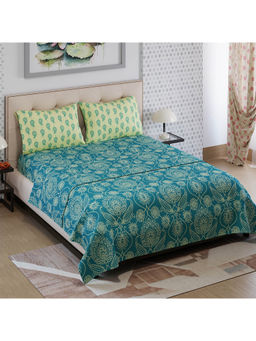 Layers - Ivy Collection 125 GSM Blue Ethnic Double Flat Bedsheet Set (Queen)