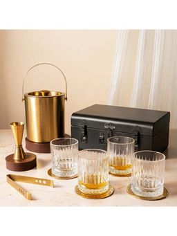 Car-O-Bar - Gold Stainless Steel Ice Bucket & Tong with 4 Whiskey Glasses