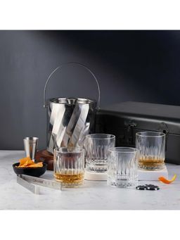 Car-O-Bar - Rippled Silver Stainless Steel Ice Bucket & Tong with 4 Whiskey Glasses