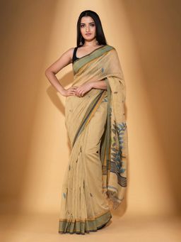Beatitude - Beige Handspun Cotton Woven Saree with Unstitched Blouse