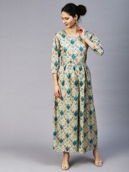 FASHOR - Ethnic Tribal Printed & Hand Embroidered A-Line Jumpsuit with Belt (Set of 2)