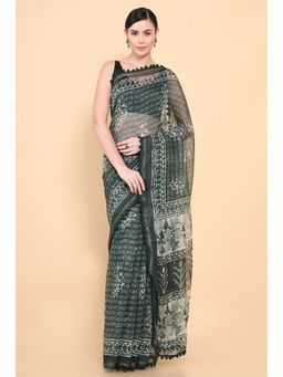 Soch - Women Green Cotton Printed Saree with Unstitched Blouse