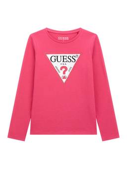 Guess - Girls Pink Cotton Blend Round Neck T-Shirt