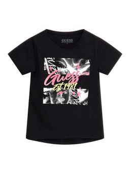Guess - Girls Black Cotton Blend Round Neck T-Shirt