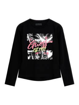 Guess - Girls Black Cotton Blend Round Neck T-Shirt