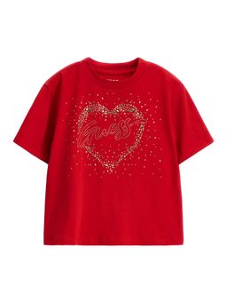 Guess - Girls Red Cotton Blend Round Neck T-Shirt