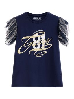 Guess - Girls Navy Blue Cotton Blend Round Neck Top