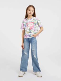 Guess - Girls White Cotton Blend Round Neck T-Shirt