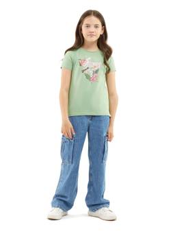 Guess - Girls Green Cotton Blend Round Neck T-Shirt