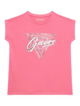 Guess - Girls Pink Cotton Blend Round Neck T-Shirt