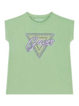 Guess - Girls Green Cotton Blend Round Neck T-Shirt