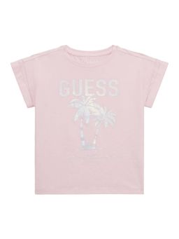 Guess - Girls Pink Cotton Blend Round Neck T-Shirt