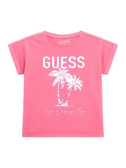 Guess - Girls Pink Cotton Blend Round Neck T-Shirt