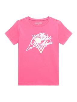 Guess - Girls Pink Cotton Blend Round Neck T-Shirt
