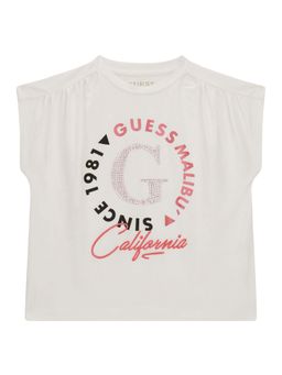 Guess - Girls White Cotton Blend Round Neck T-Shirt