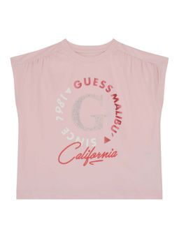 Guess - Girls Pink Cotton Blend Round Neck T-Shirt