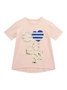 Guess - Girls Beige Cotton Blend Round Neck T-Shirt