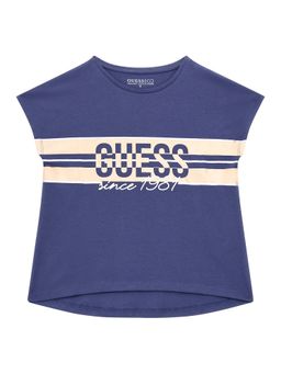 Guess - Girls Navy Blue Cotton Blend Round Neck T-Shirt