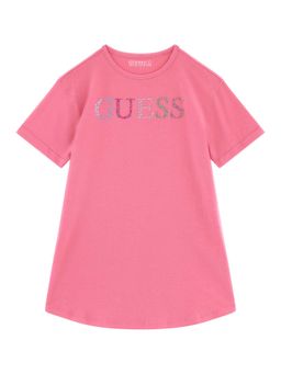Guess - Girls Pink Cotton Blend Round Neck T-Shirt
