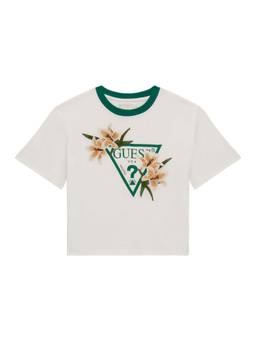 Guess - Girls White Cotton Blend Round Neck T-Shirt