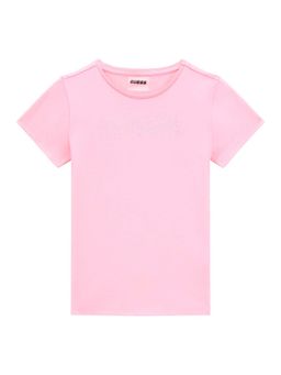 Guess - Girls Pink Cotton Blend Round Neck T-Shirt