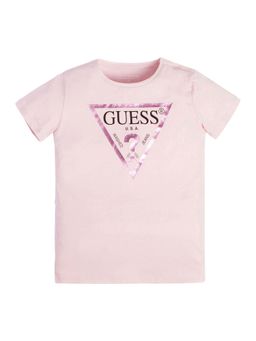 Guess - Girls Pink Cotton Blend Round Neck T-Shirt