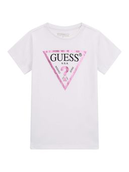 Guess - Girls White Cotton Blend Round Neck T-Shirt