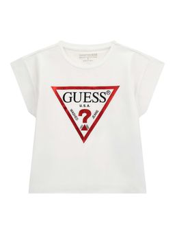Guess - Girls White Cotton Blend Round Neck T-Shirt