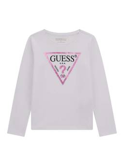 Guess - Girls White Cotton Blend Round Neck T-Shirt