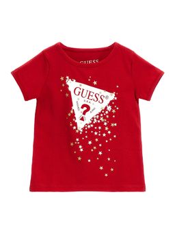 Guess - Girls Red Cotton Blend Round Neck T-Shirt