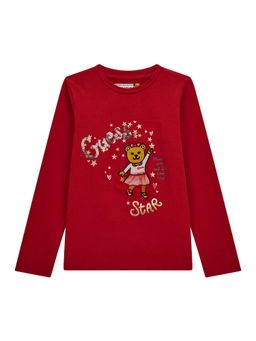 Guess - Girls Red Cotton Blend Round Neck T-Shirt