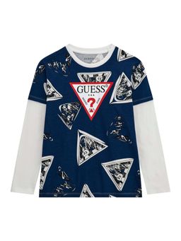 Guess - Boys Navy Blue Cotton Blend Round Neck T-Shirt