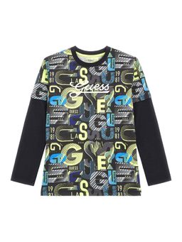 Guess - Boys Black Cotton Blend Round Neck T-Shirt