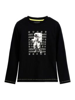 Guess - Boys Black Cotton Blend Round Neck T-Shirt