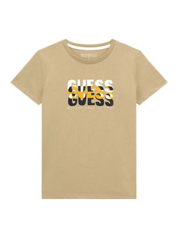 Guess - Boys Beige Cotton Blend Round Neck T-Shirt