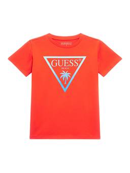 Guess - Boys Red Cotton Blend Round Neck T-Shirt