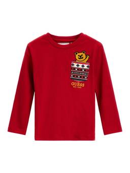 Guess - Boys Red Cotton Blend Round Neck T-Shirt