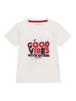 Guess - Boys White Cotton Blend Round Neck T-Shirt