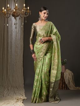 Akhilam - Womens Organza Light Green Woven Design Designer Saree with Unstitched Blouse