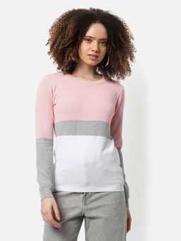 Campus Sutra - Womens Pink Colour-blocked Sweater