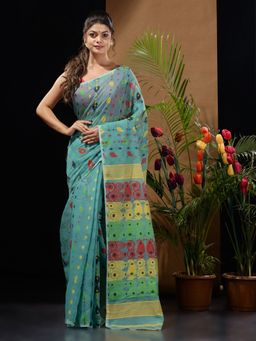 CHARUKRITI - Sea Green Handwoven Saree with Multicolor Woven Designs & Motifs