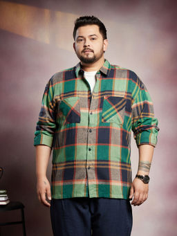 Instafab Plus - Men Jungle Green Plaid-Check Utility Shirt